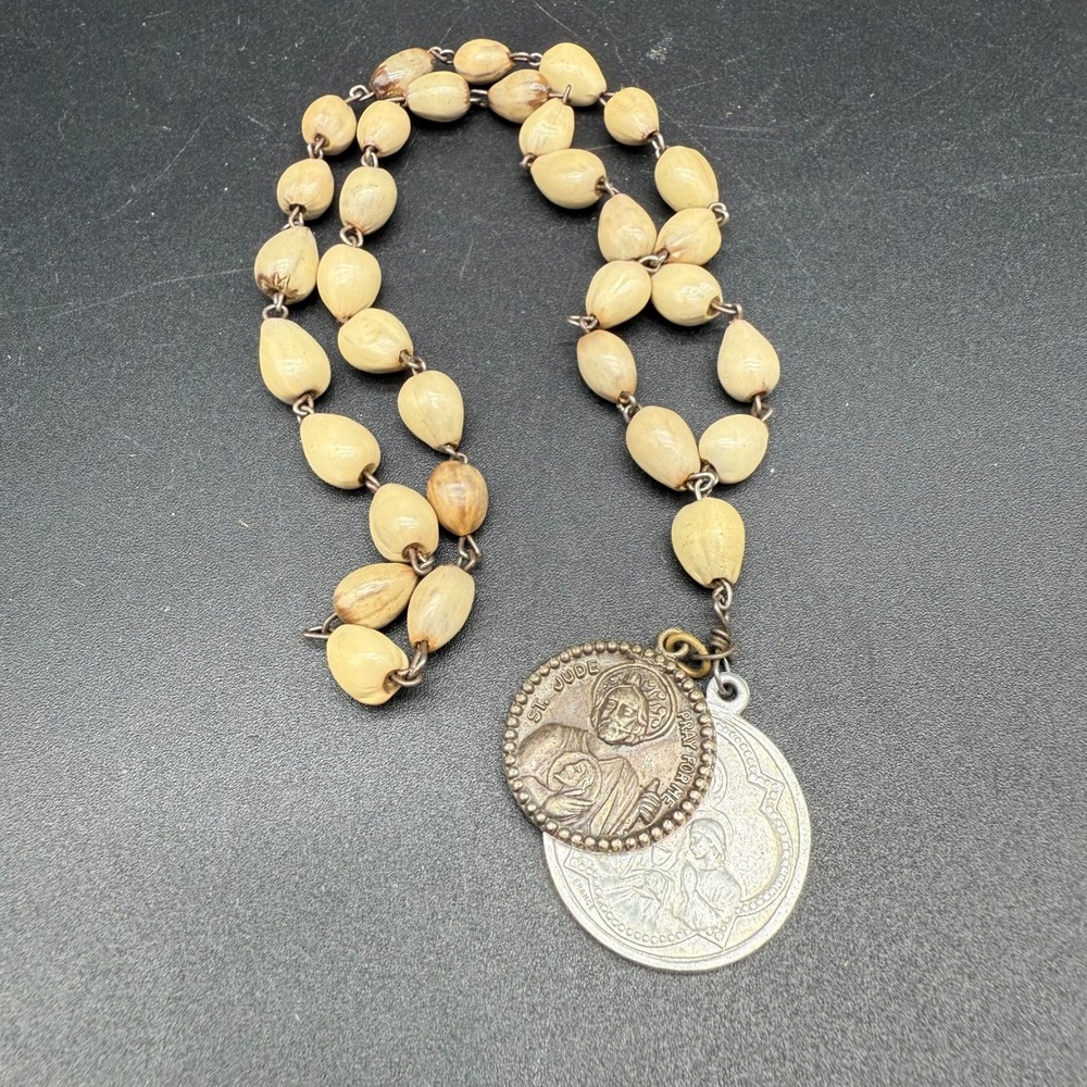 Vintage Job's Tears Rosary Beads St.‎ Jude & Blessed Sacrament Medals Creed